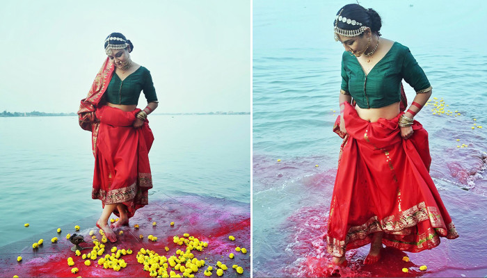 নদীর পাড়ে আলতা পায়ে নজর কাড়লেন জয়া